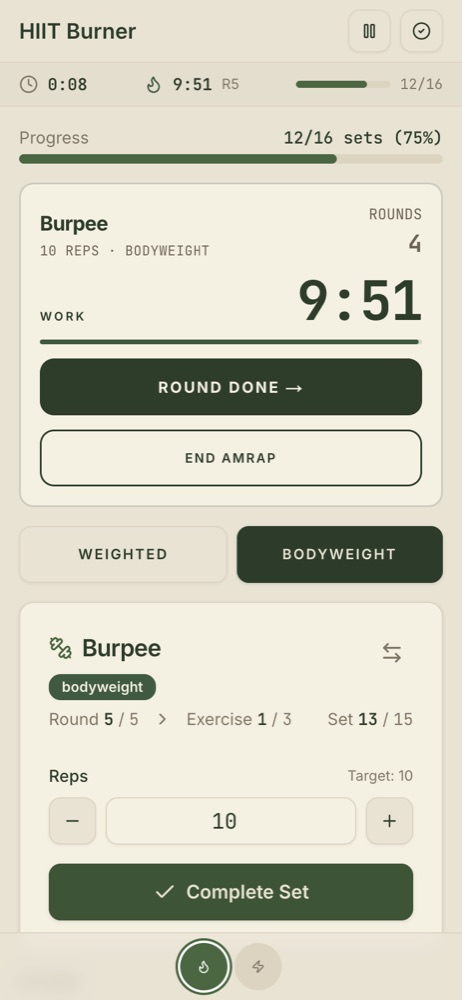 Splitz running an AMRAP block: 9 minutes 53 seconds of work left, 4 rounds done, burpees at 10 reps.