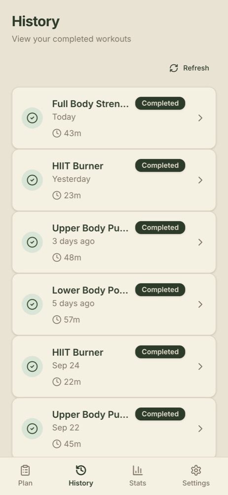 Splitz history list showing completed sessions with dates and durations.