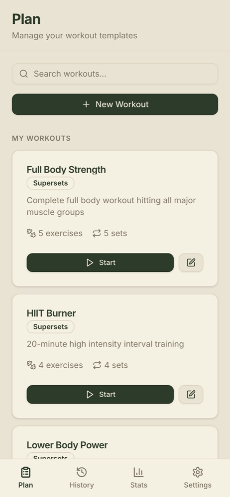 Splitz Plan tab listing saved workouts with exercise and set counts.