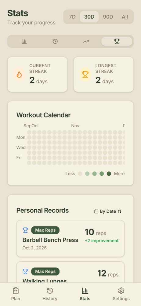 Splitz records tab showing current and longest streak, a workout calendar, and personal records.